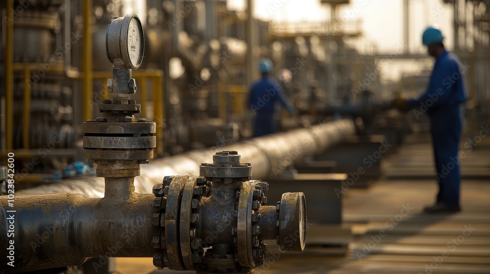Two workers check pipelines in an industrial area as sunlight casts long shadows on the ground Two workers check pipelines in an industrial area as sunlight casts long shadows on the ground