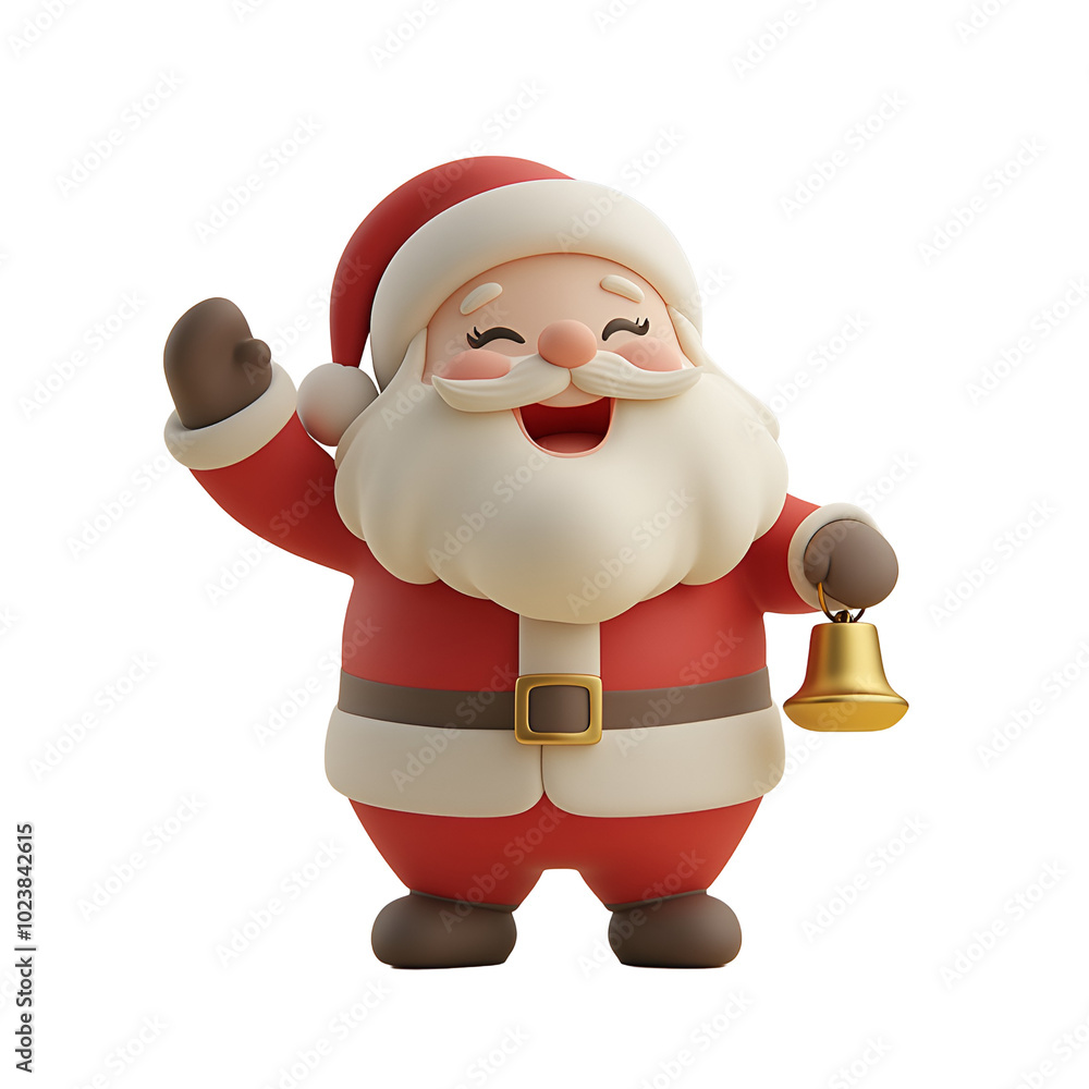 Obraz premium Happy Santa Claus Holding a Bell, 3D Render Cartoon Christmas Character Illustration, Isolated on Transparent Background, PNG