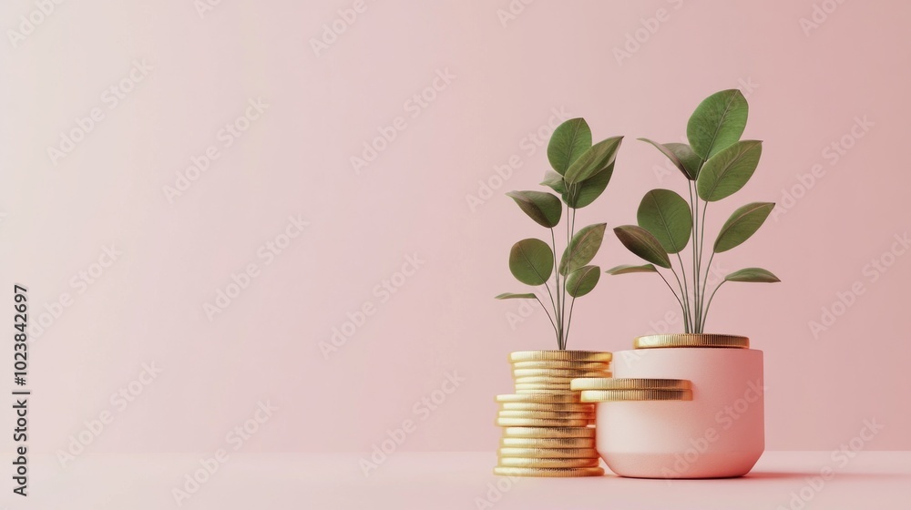 Two potted plants, one with a stack of gold coins as its base, stand on a pink background. Two potted plants, one with a stack of gold coins as its base, stand on a pink background.