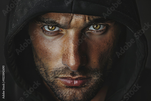 A man with a hoodie on and a serious expression on his face