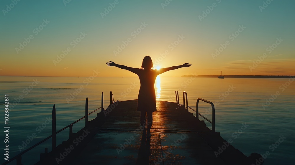 Fototapeta premium Silhouette of a woman with arms outstretched, standing on a pier at sunset