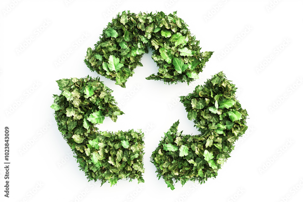 Recycling symbol made from green leaves on a white background. A symbol of eco-friendliness and sustainability, emphasizing the importance of environmental protection and responsible consumption.
