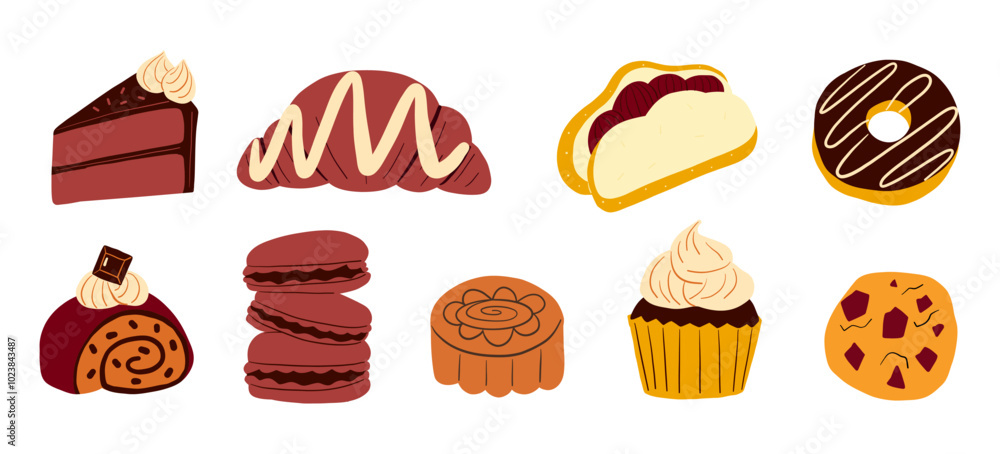 Assorted Chocolate Dessert Collection. A hand-drawn collection of delicious chocolate desserts, featuring cakes, macarons, cupcakes, and pastries. Perfect for bakery and sweet food designs Assorted Chocolate Dessert Collection. A hand-drawn collection of delicious chocolate desserts, featuring cakes, macarons, cupcakes, and pastries. Perfect for bakery and sweet food designs