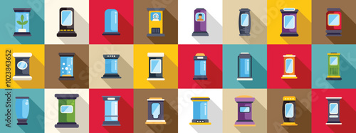 Cryogenic capsule icons set. Cryogenic chambers set with different stages of cryopreservation in flat design on colorful background