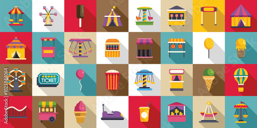 Funfair icons set. This vector illustration features various colorful icons associated with amusement parks, carnivals, and entertainment