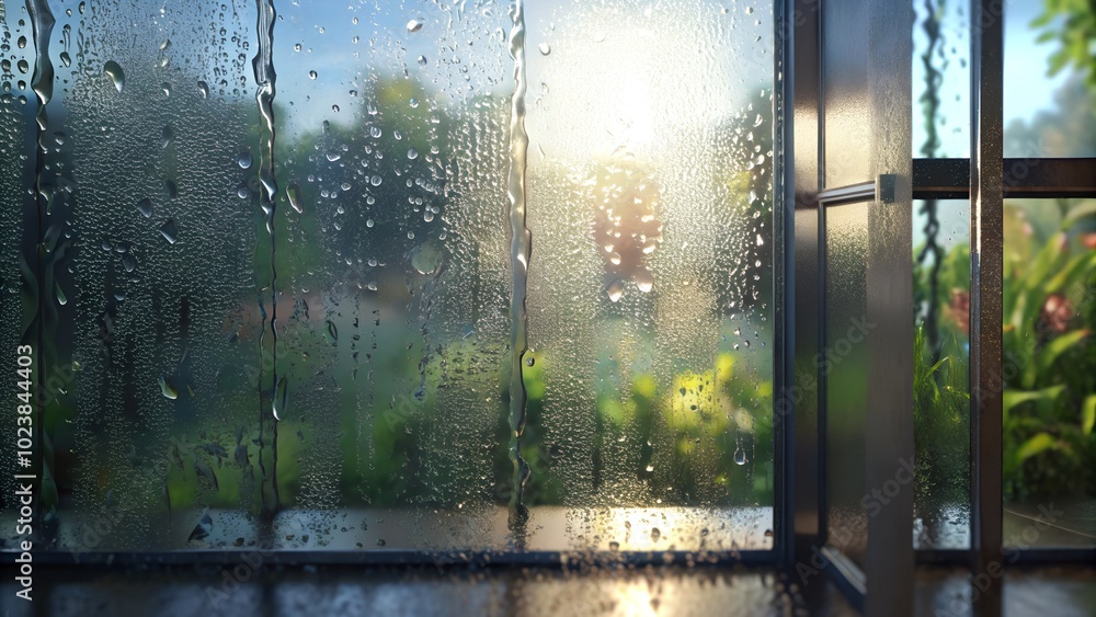 Sun shining through window covered with raindrops after summer storm Sun shining through window covered with raindrops after summer storm