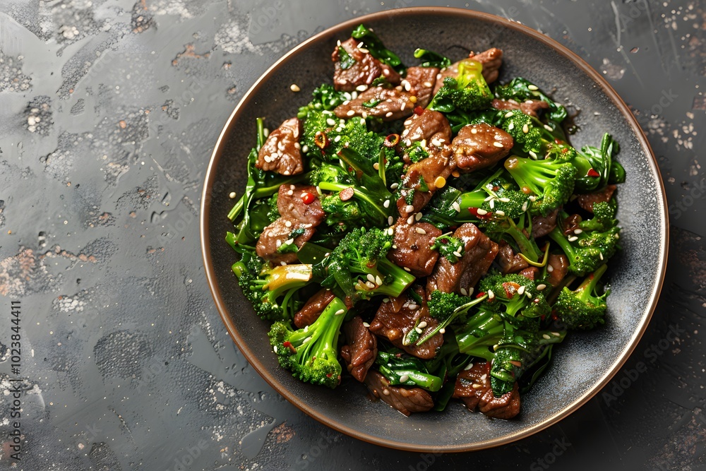 Stir-fried beef and broccoli topped with sesame seeds in a dark bowl. Overhead view of a classic Asian dish for restaurant menus, food blogs, and healthy eating promotions. Stir-fried beef and broccoli topped with sesame seeds in a dark bowl. Overhead view of a classic Asian dish for restaurant menus, food blogs, and healthy eating promotions.