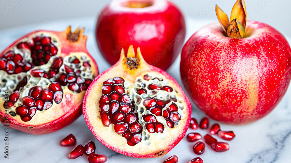 red apples and halved pomegranates on marble surface, seeds and juice glistening red apples and halved pomegranates on marble surface, seeds and juice glistening