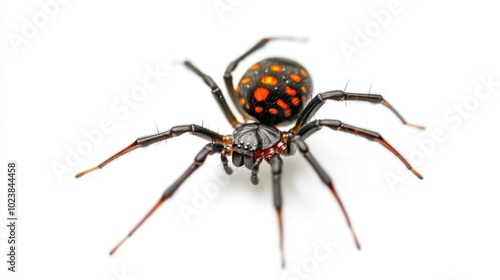 A black and orange spider with white spots on its abdomen, isolated on a white background.