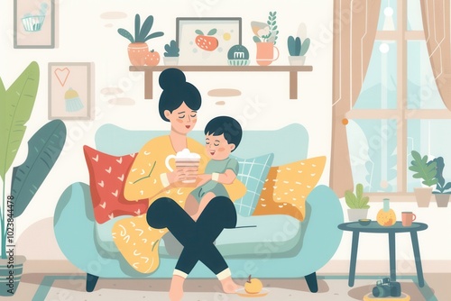 A caring mother sits on a sofa in a bright living room, feeding her happy baby with warmth and tenderness in a comforting environment. Generative AI