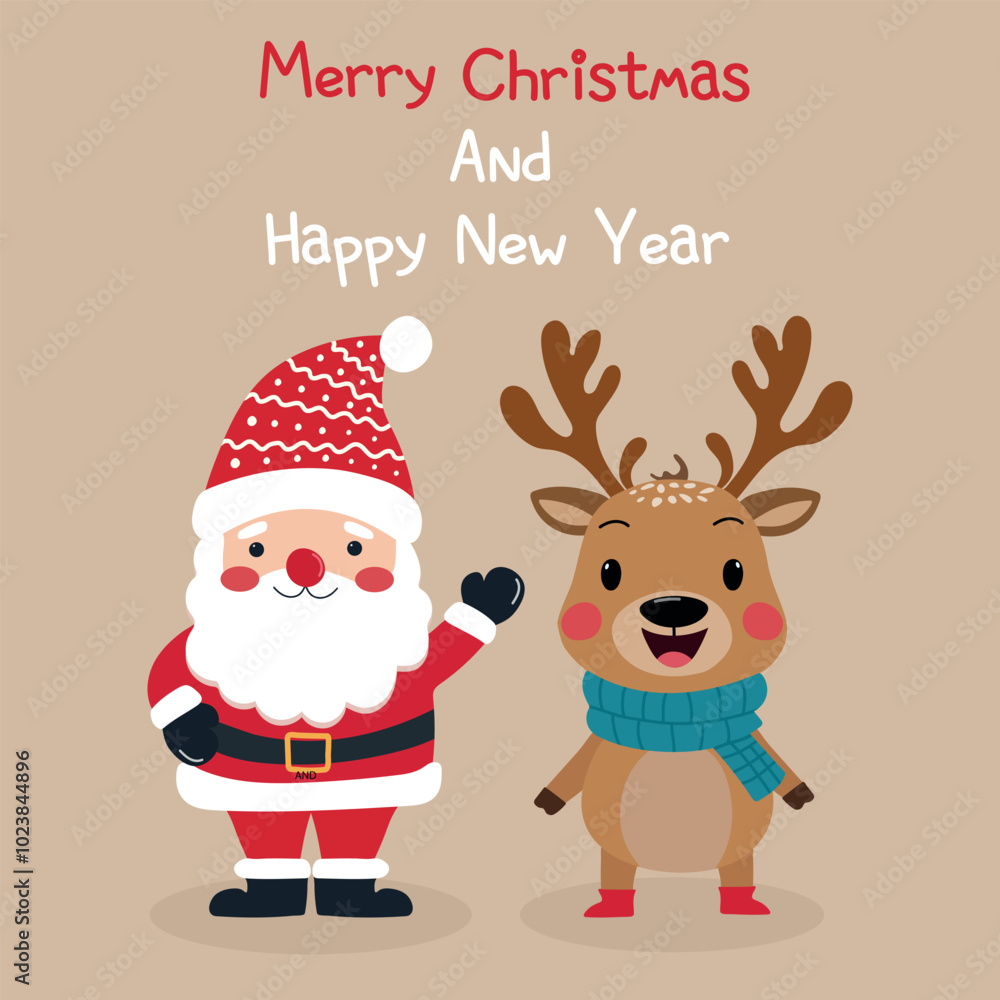 Merry Christmas and Happy New Year, greeting card with Santa Claus and reindeer. Merry Christmas and Happy New Year, greeting card with Santa Claus and reindeer.