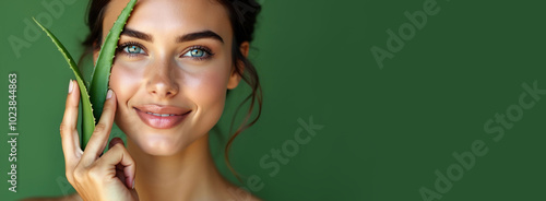 Happy young woman with aloe leaf.