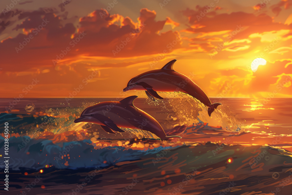 Fototapeta premium Two dolphins jumping out of the water in the ocean