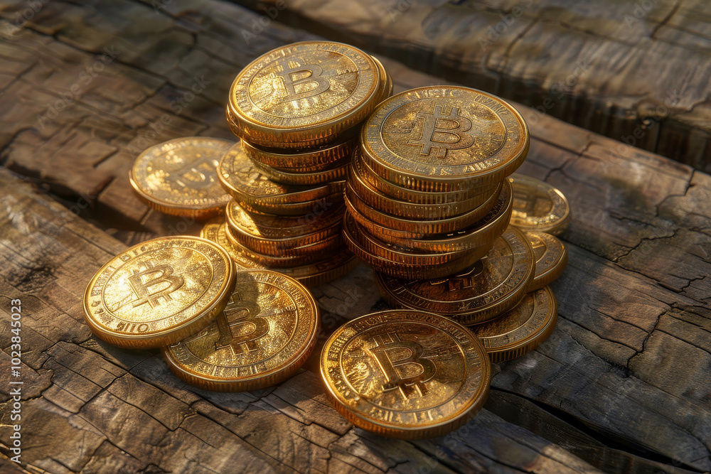 A pile of gold coins with the letters B and C on them A pile of gold coins with the letters B and C on them