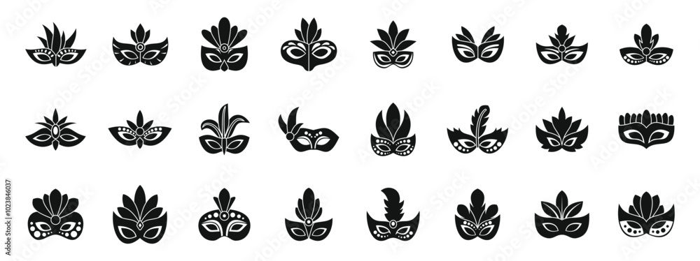 Fototapeta premium Face mask feathers icons set. This set of carnival masks offers a variety of festive designs, perfect for adding a touch of mystery and excitement to parties and celebrations