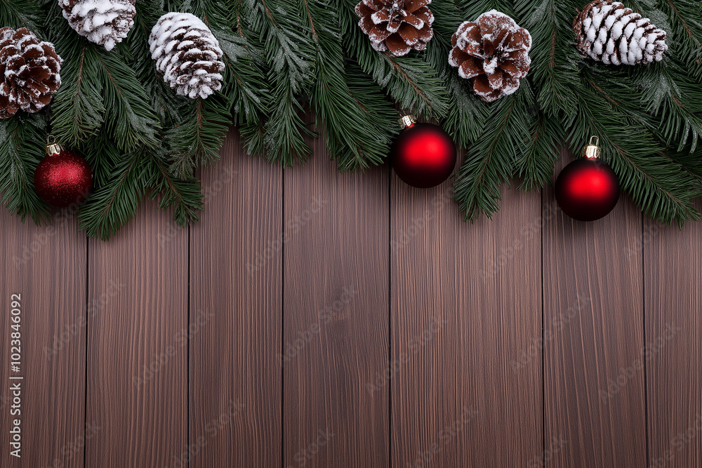 Festive Christmas decorations with pine branches, pine cones, and red baubles on rustic wooden background. Traditional holiday decor for seasonal celebrations. Festive Christmas decorations with pine branches, pine cones, and red baubles on rustic wooden background. Traditional holiday decor for seasonal celebrations.