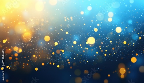 Abstract background with golden bokeh and glitter on a blue background, golden glowing particles flying in the air Generative AI