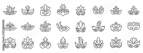 Face mask feathers icons set. Large set of carnival masks featuring various designs with feathers and decorations, perfect for representing masquerade balls and festive events