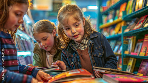 Children exploring books in a colorful bookstore