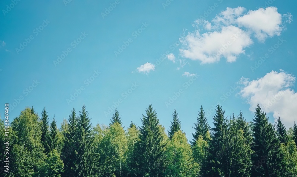A blue sky with a forest of trees in the background A blue sky with a forest of trees in the background