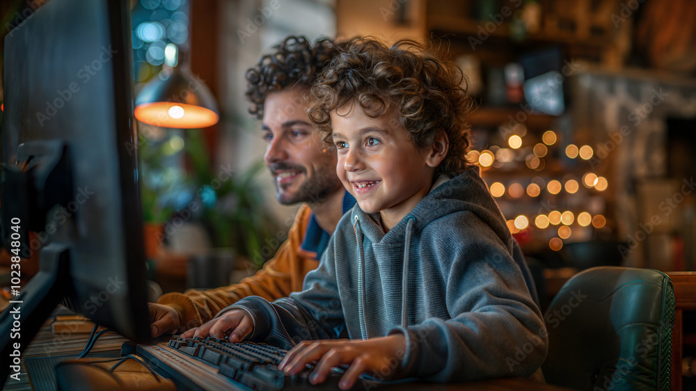 Father and son bonding over computer online education in cozy home setting. Gaming Father and son bonding over computer online education in cozy home setting. Gaming