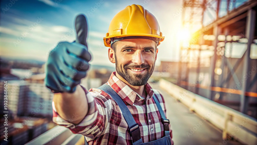 male construction worker in work clothes and safety helmet raising hand and showing thumb up male construction worker in work clothes and safety helmet raising hand and showing thumb up