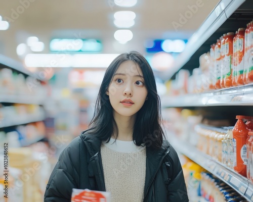 Asian woman in her 20s shopping for groceries in a well-stocked supermarket, capturing everyday retail photo