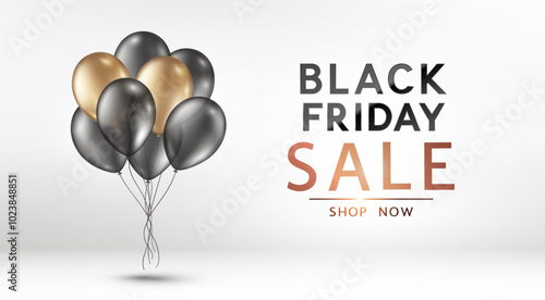 Black Friday Shop now banner. Realistic balloons bunch sale, discount tag. Vector white background, poster, special offer