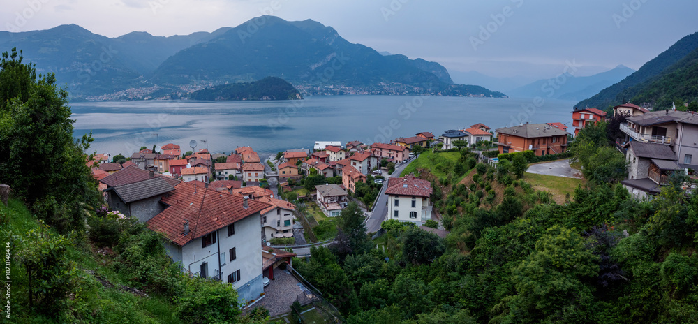 Scenic View of Lezzeno Overlooking Lake Como and Mountains