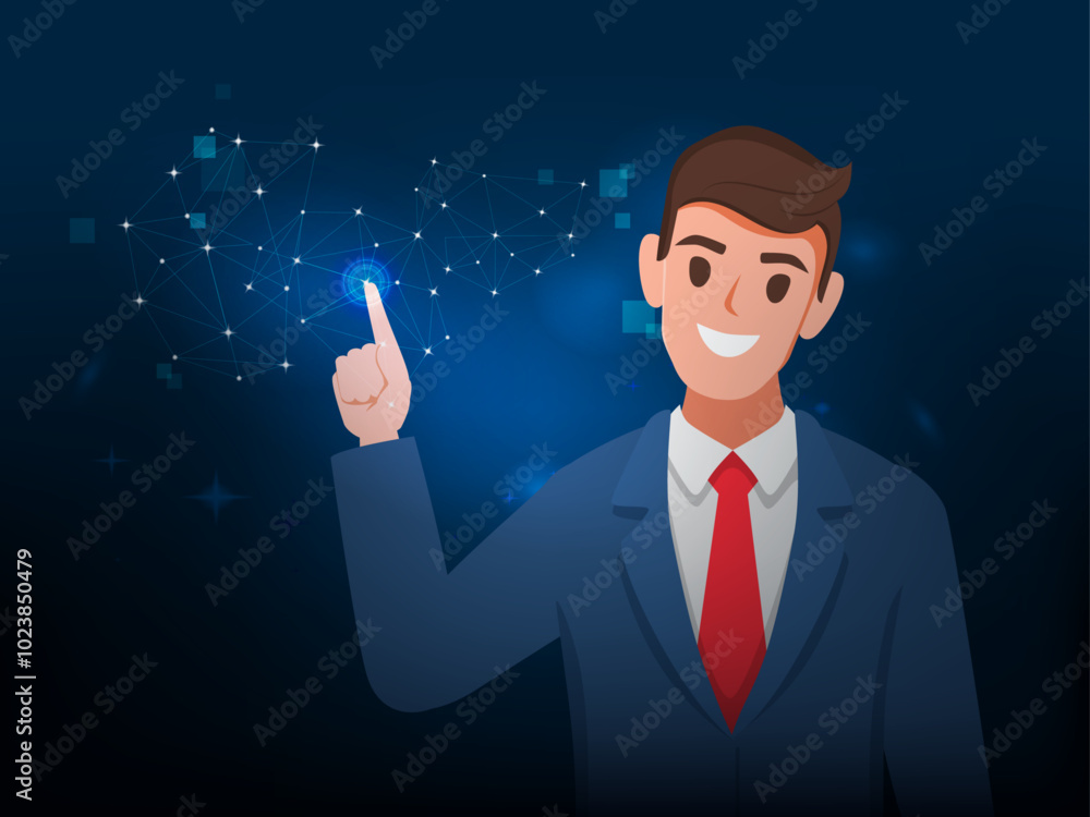 Businessman in uniform suit character working Data transfer through cloud technology. illustration vector premium. Businessman in uniform suit character working Data transfer through cloud technology. illustration vector premium.