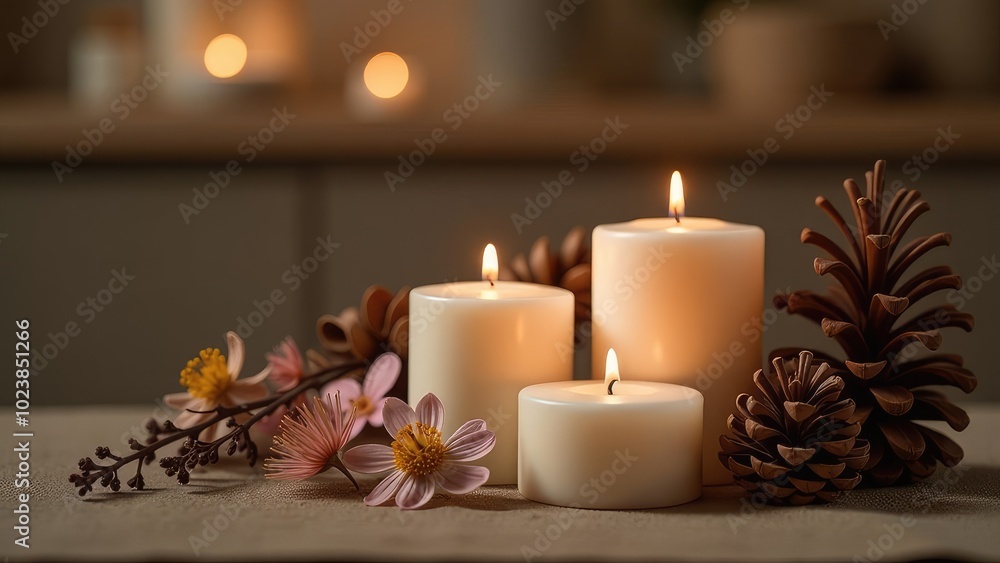 Burning scented candles, festive New Year's atmosphere in the spa. Warm aesthetic composition with candles and dried flowers. Burning scented candles, festive New Year's atmosphere in the spa. Warm aesthetic composition with candles and dried flowers.