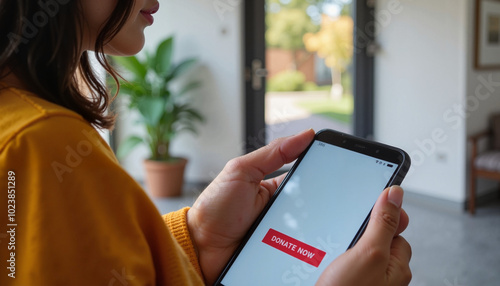 Person holding a smartphone displaying a "DONATE NOW" button, encouraging immediate contributions in a home setting