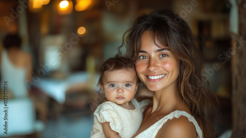 spanish smiling young woman holding little baby on background of room of cozy house, mother and child, kid, newborn, infant, toddler, parent, family, love, mom, mommy, hispanic, mexican girl, mother's