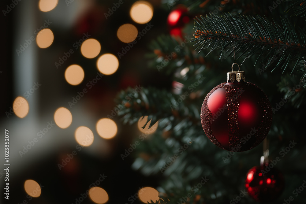 Close-up of red Christmas baubles on tree with golden bokeh lights in the background. Elegant holiday scene perfect for festive winter celebrations. Close-up of red Christmas baubles on tree with golden bokeh lights in the background. Elegant holiday scene perfect for festive winter celebrations.