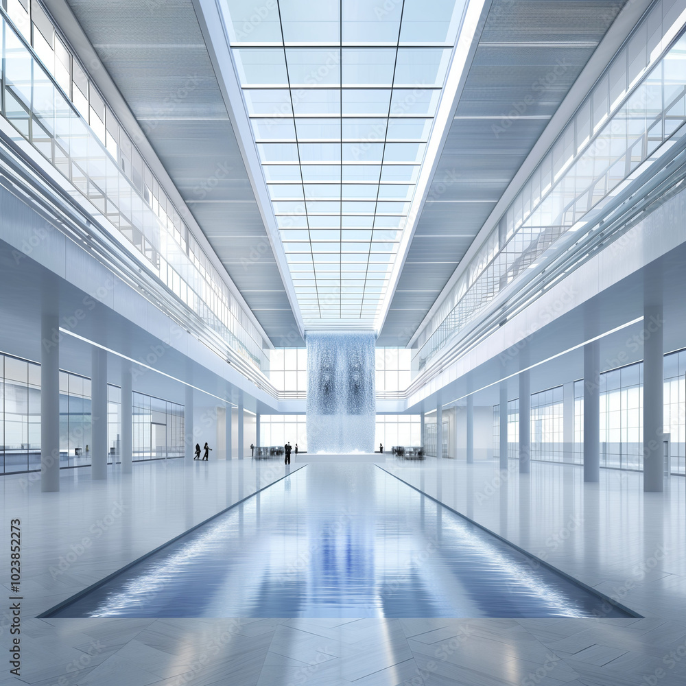 Futuristic Corporate Office Featuring a Large Waterfall as a Design Element Futuristic Corporate Office Featuring a Large Waterfall as a Design Element