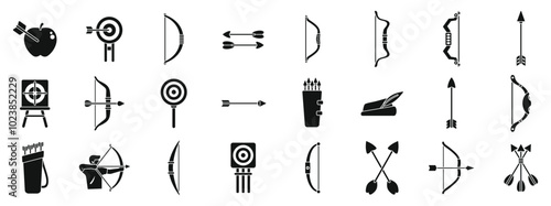 Archery shoot weapon icons set. Archer shooting with bow aiming at target icon set in glyph style