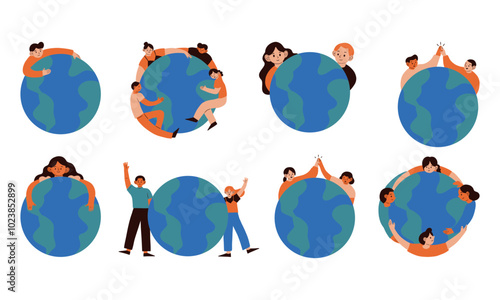 Global Unity People and Planet Collection. A vibrant collection of illustrations showcasing diverse individuals united around the Earth, promoting peace, humanity, and environmental harmony