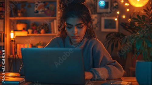 Focused young woman studying late night with laptop in cozy ambiance