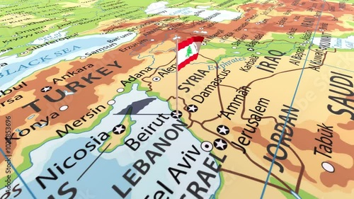 Lebanon flag waving on the map