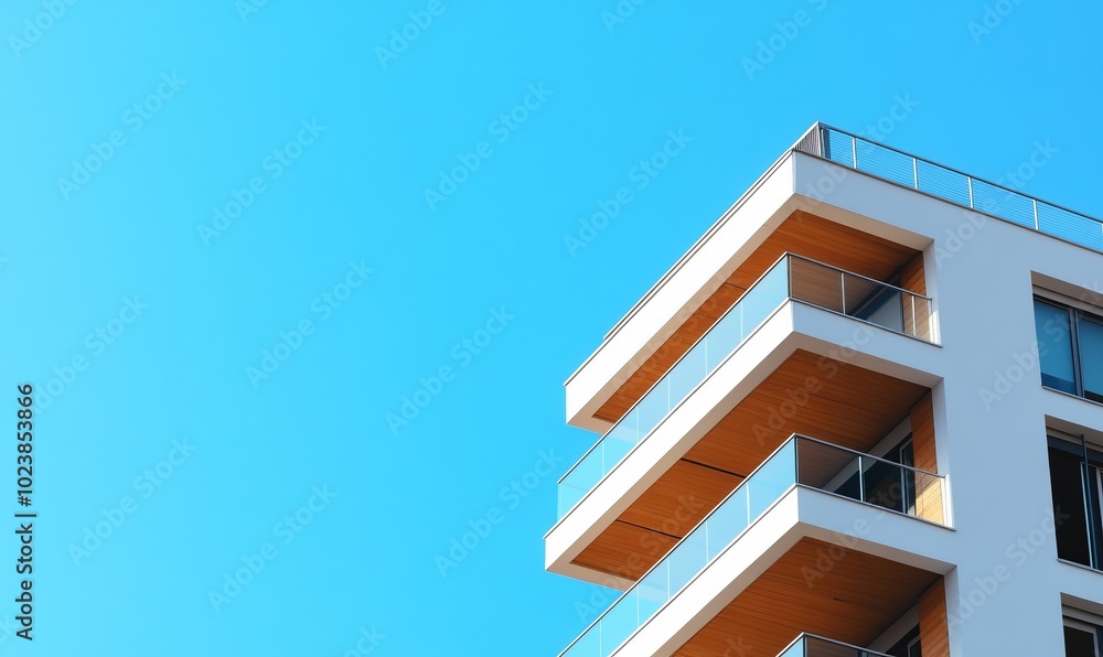 A building with a balcony and a clear blue sky A building with a balcony and a clear blue sky