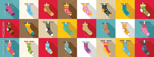 Clothesline sock icons set. Different colorful socks with various ornaments hanging on clothesline forming seamless pattern