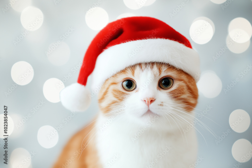 Adorable ginger cat wearing a Santa hat with glowing Christmas lights background. Perfect for festive holiday cards, pet lovers, or Christmas-themed imagery. Adorable ginger cat wearing a Santa hat with glowing Christmas lights background. Perfect for festive holiday cards, pet lovers, or Christmas-themed imagery.