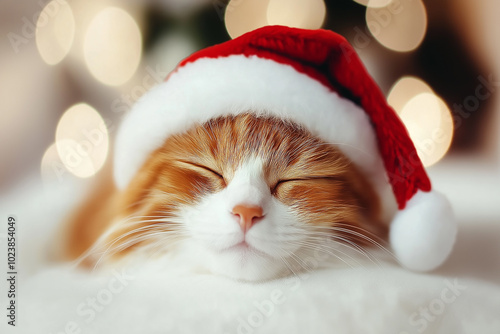 Adorable ginger cat wearing a Santa hat with glowing Christmas lights background. Perfect for festive holiday cards, pet lovers, or Christmas-themed imagery. photo