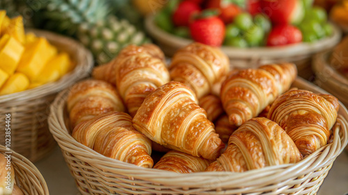 Wallpaper Mural Delicious croissants in wicker baskets with fresh fruit display Torontodigital.ca