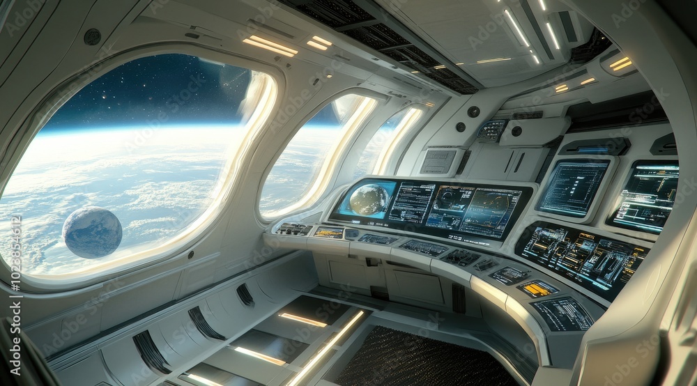 Futuristic Spaceship Interior with Earth and Moon View from Large Windows Futuristic Spaceship Interior with Earth and Moon View from Large Windows