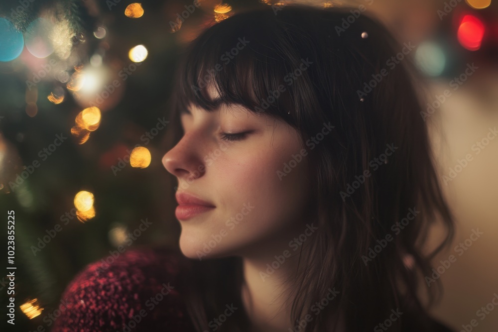 Contemplative young woman near a Christmas tree Contemplative young woman near a Christmas tree