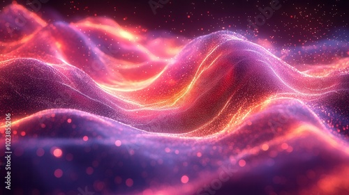 A mesmerizing abstract image of colorful waves illuminated by lights, featuring vibrant pink and orange hues against a dark background.