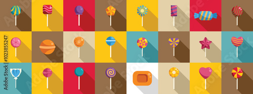 Lolipop icons set. This image is a collection of colorful lollipops with long shadows, representing various flavors and shapes, perfect for projects related to sweets, treats, and childhood memories