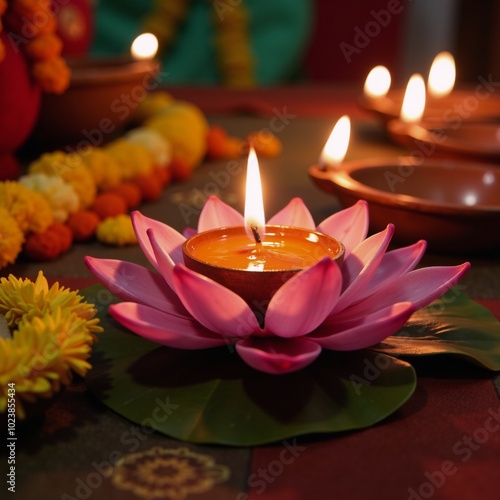 A burning candle adorned with lotus lily on Diwali holiday tableau photo