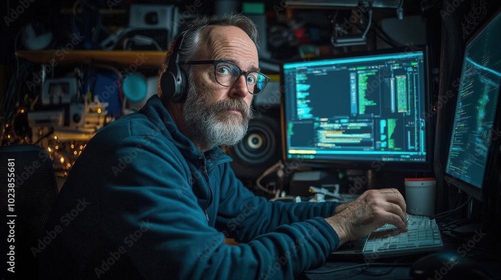 Man working on audio mixing console Man working on audio mixing console